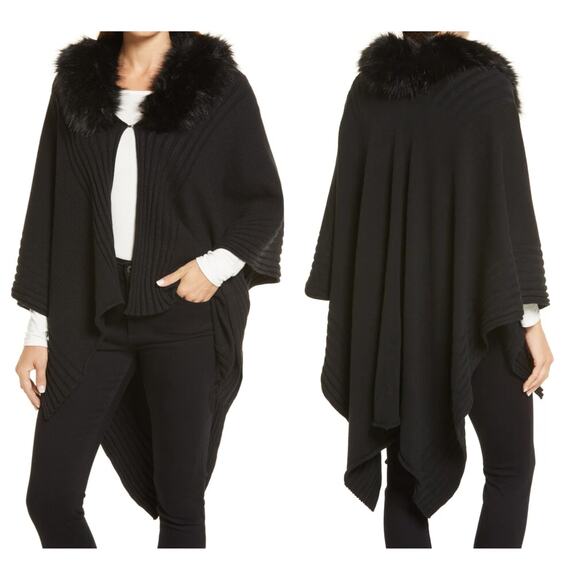 LA FIORENTINA Rib Ruana With Faux Fur Collar In Black (O/S) - Picture 9 of 9